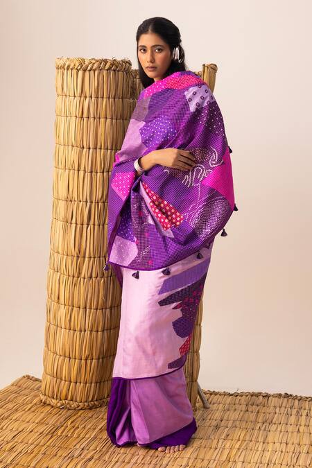 Naina Jain Purple Silk Multi Bandhani Patchwork Saree Online at Aza Fashions Naina Jain_Purple Silk Multi Bandhani Patchwork Saree _Online_at_Aza_Fashions