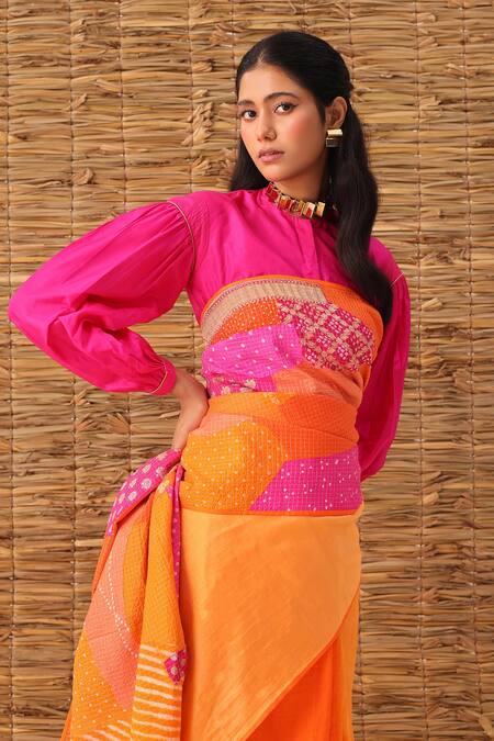 Naina Jain_Orange Silk Bandhani Patchwork Saree Set _Online_at_Aza_Fashions