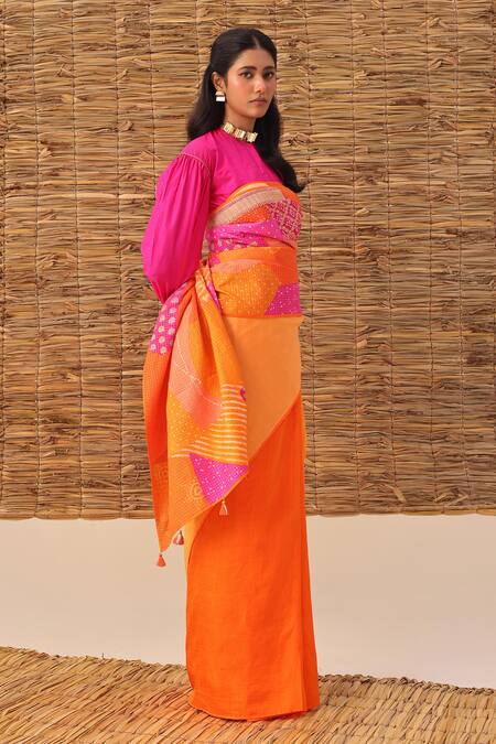 Buy_Naina Jain_Orange Silk Bandhani Patchwork Saree Set _Online_at_Aza_Fashions