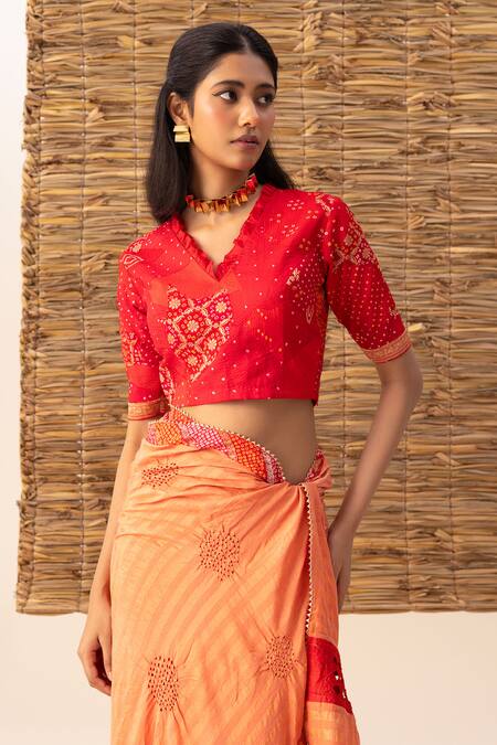 Naina Jain_Orange Silk, Cotton Embroidery V-neck Polka Bandhani Saree With Blouse _Online_at_Aza_Fashions