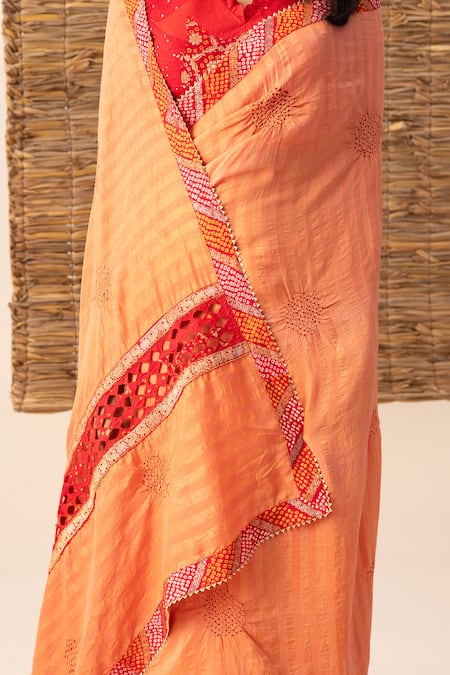 Buy_Naina Jain_Orange Silk, Cotton Embroidery V-neck Polka Bandhani Saree With Blouse _Online_at_Aza_Fashions