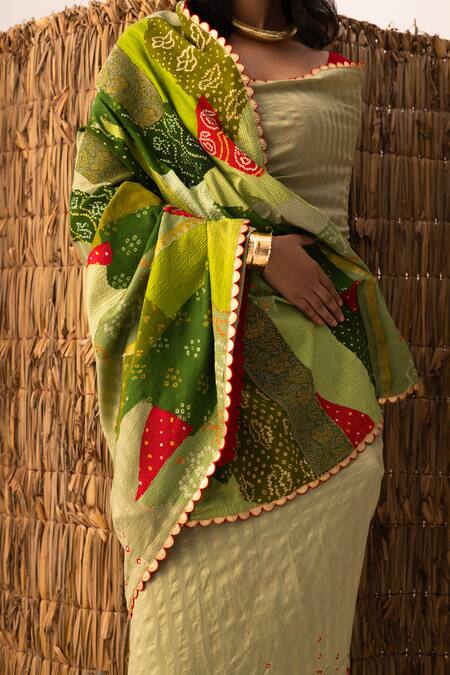 Buy_Naina Jain_Green Silk, Cotton Gota Patti Patchwork Bandhani Palla Saree _Online_at_Aza_Fashions