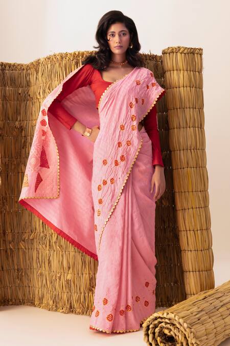 Naina Jain_Pink Silk, Cotton Gota Patti Patchwork Bandhani Palla Saree _Online_at_Aza_Fashions