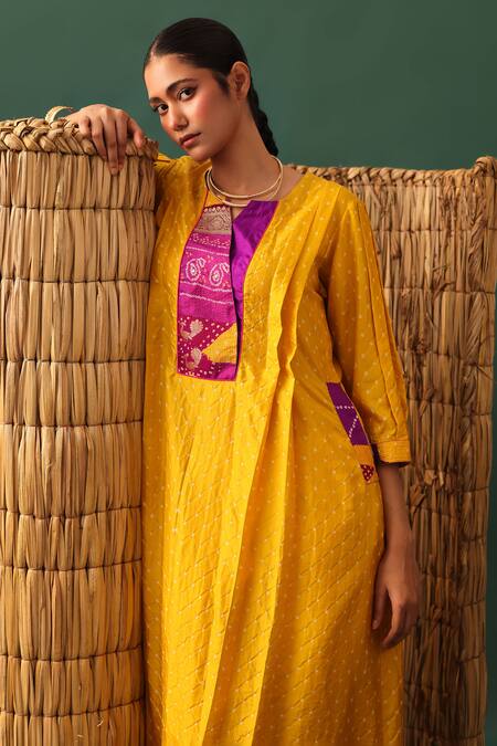Shop_Naina Jain_Mustard Silk Round Neck Patchwork Bandhani Suit Set _Online_at_Aza_Fashions