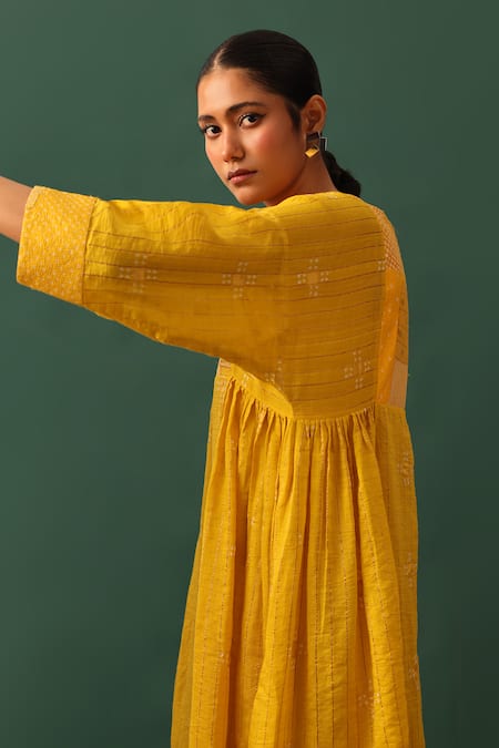 Buy_Naina Jain_Yellow Chanderi, Silk, Satin, Georgette Round Neck Patchwork Suit Set _Online_at_Aza_Fashions