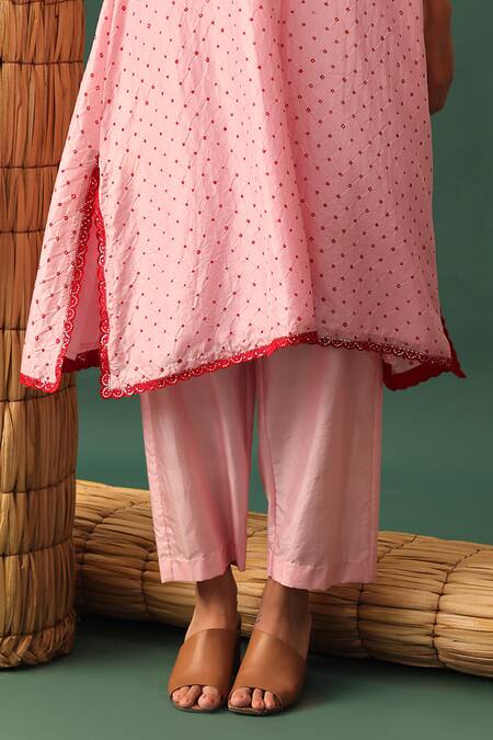 Buy_Naina Jain_Pink Silk, Georgette, Satin Mirrors Mandarin Collar Bandhani Work Kurta Set _Online_at_Aza_Fashions