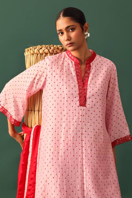 Shop_Naina Jain_Pink Silk, Georgette, Satin Mirrors Mandarin Collar Bandhani Work Kurta Set _Online_at_Aza_Fashions