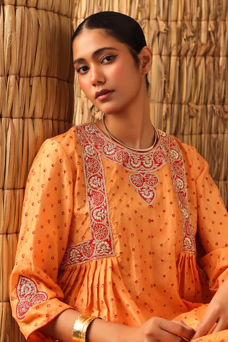 Shop_Naina Jain_Orange Silk Zari, Embroidery Round Neck Bandhani Zardozi Kurta Set _Online_at_Aza_Fashions