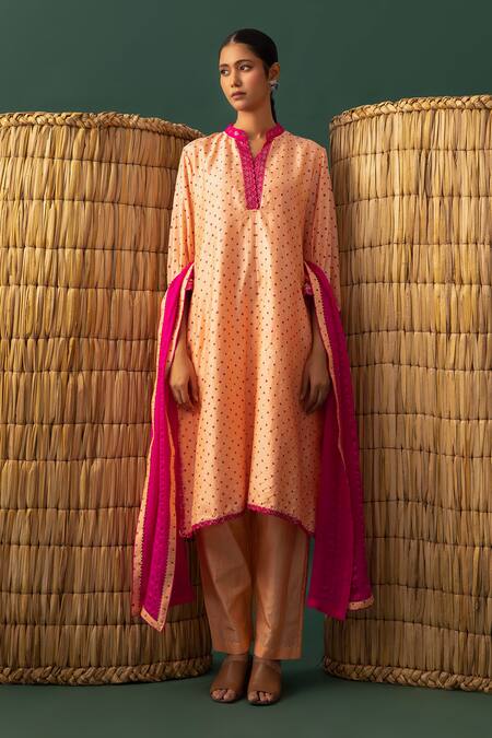 Buy_Naina Jain_Orange Silk, Satin, Georgette Mirrors Mandarin Light Bandhani Work Kurta Set _Online_at_Aza_Fashions