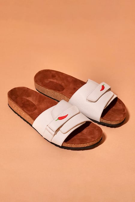 Dmodot White Embroidery Designer Salt Slider Sandals