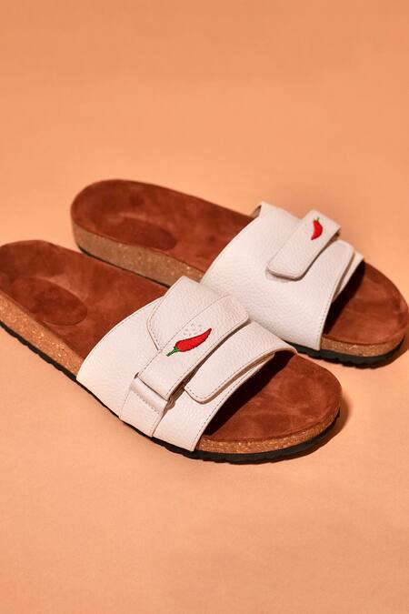 Dmodot_White Embroidery Designer Salt Slider Sandals _Online_at_Aza_Fashions