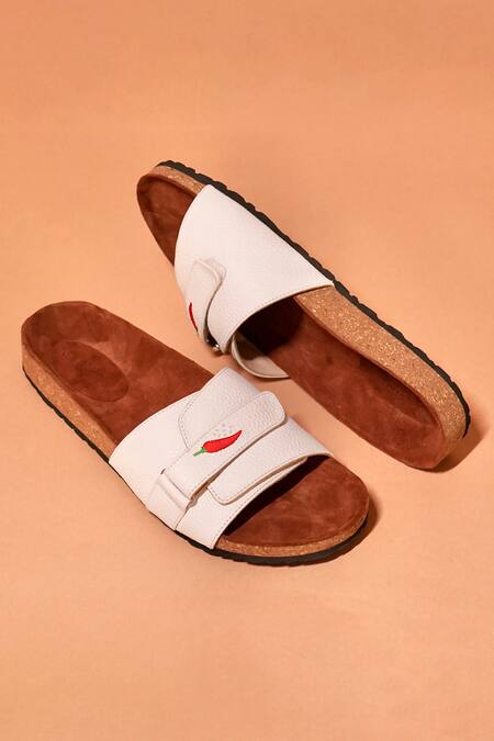 Buy_Dmodot_White Embroidery Designer Salt Slider Sandals _Online_at_Aza_Fashions