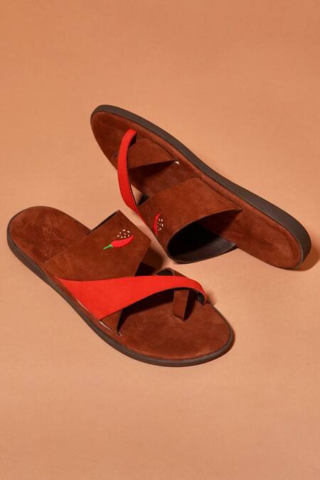 Dmodot_Brown Embroidery Chilli Leather Slippers _Online_at_Aza_Fashions