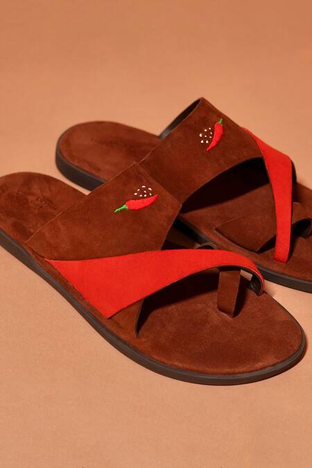Buy_Dmodot_Brown Embroidery Chilli Leather Slippers _Online_at_Aza_Fashions