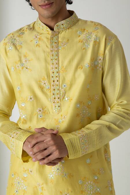 Buy_Chhaya Mehrotra_Yellow Chanderi Embroidery Mirror Illuminating Kurta Set _Online_at_Aza_Fashions
