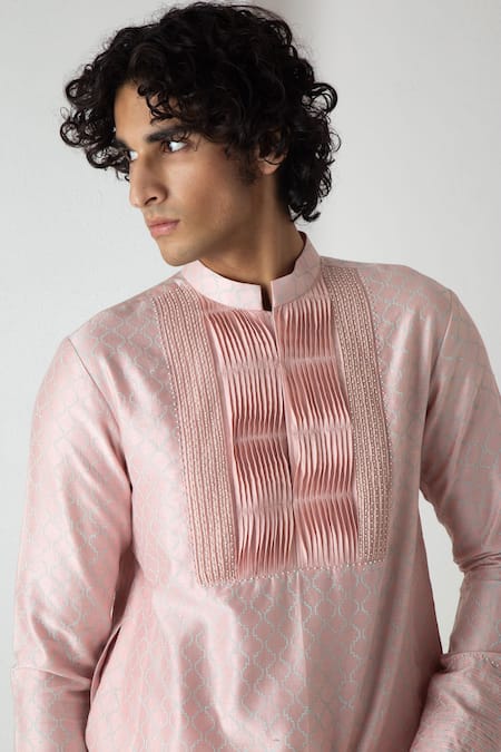 Chhaya Mehrotra_Peach Chanderi Embroidery Pink Block Printed Kurta Set _Online_at_Aza_Fashions