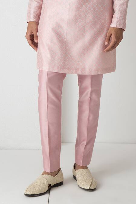 Buy_Chhaya Mehrotra_Peach Chanderi Embroidery Pink Block Printed Kurta Set _Online_at_Aza_Fashions