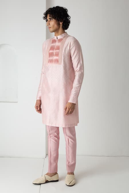 Shop_Chhaya Mehrotra_Peach Chanderi Embroidery Pink Block Printed Kurta Set _Online_at_Aza_Fashions
