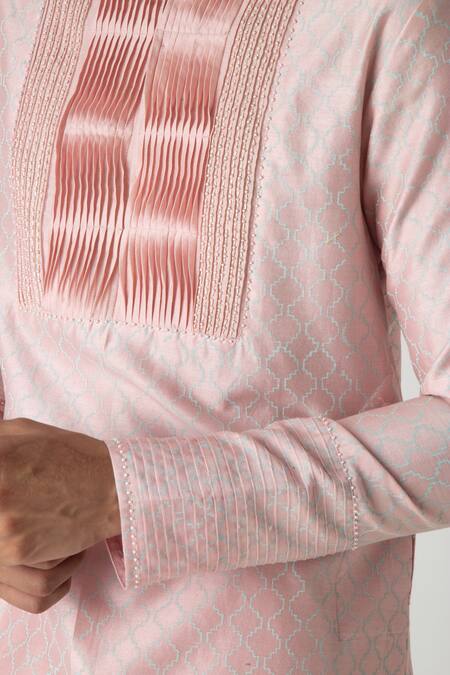 Chhaya Mehrotra_Peach Chanderi Embroidery Pink Block Printed Kurta Set _at_Aza_Fashions