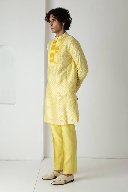 Buy_Chhaya Mehrotra_Yellow Chanderi Embroidery Sunstruck Block Printed Kurta Set _Online_at_Aza_Fashions