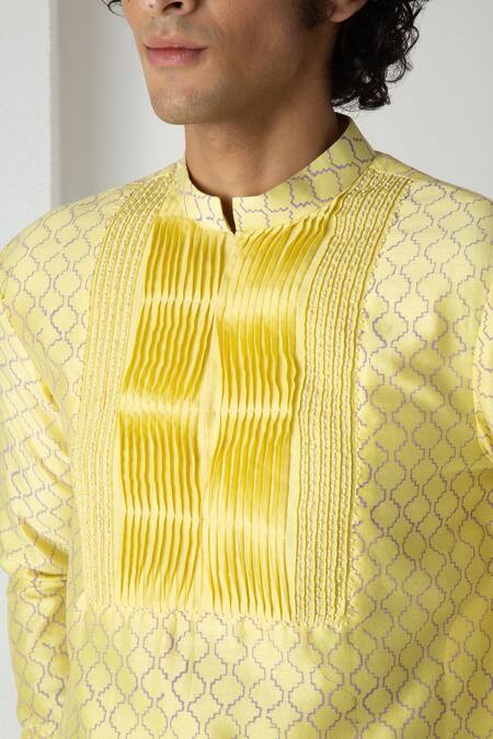 Shop_Chhaya Mehrotra_Yellow Chanderi Embroidery Sunstruck Block Printed Kurta Set _Online_at_Aza_Fashions