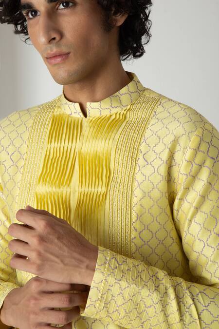 Chhaya Mehrotra_Yellow Chanderi Embroidery Sunstruck Block Printed Kurta Set _at_Aza_Fashions