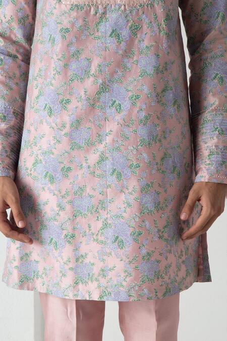 Chhaya Mehrotra_Pink Chanderi Dusty Block Printed Kurta Set _Online_at_Aza_Fashions