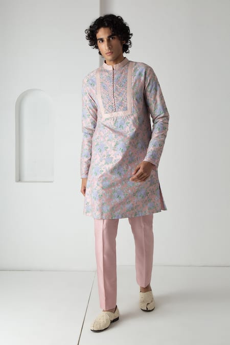 Buy_Chhaya Mehrotra_Pink Chanderi Dusty Block Printed Kurta Set _Online_at_Aza_Fashions