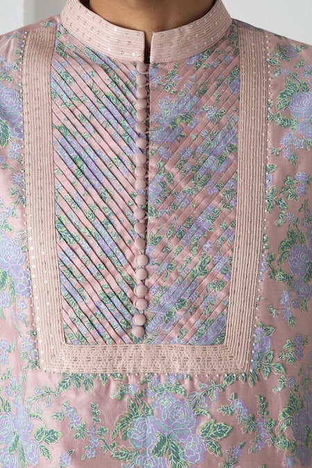 Chhaya Mehrotra_Pink Chanderi Dusty Block Printed Kurta Set _at_Aza_Fashions