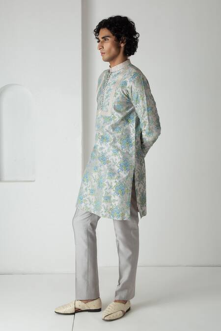 Chhaya Mehrotra_Gray Chanderi Ash Grey Block Printed Kurta Set _Online_at_Aza_Fashions