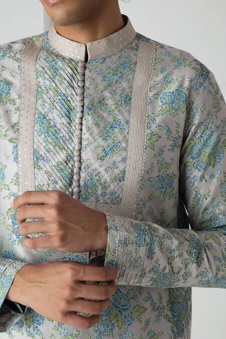 Buy_Chhaya Mehrotra_Gray Chanderi Ash Grey Block Printed Kurta Set _Online_at_Aza_Fashions