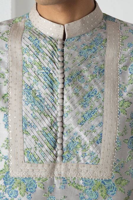 Shop_Chhaya Mehrotra_Gray Chanderi Ash Grey Block Printed Kurta Set _Online_at_Aza_Fashions