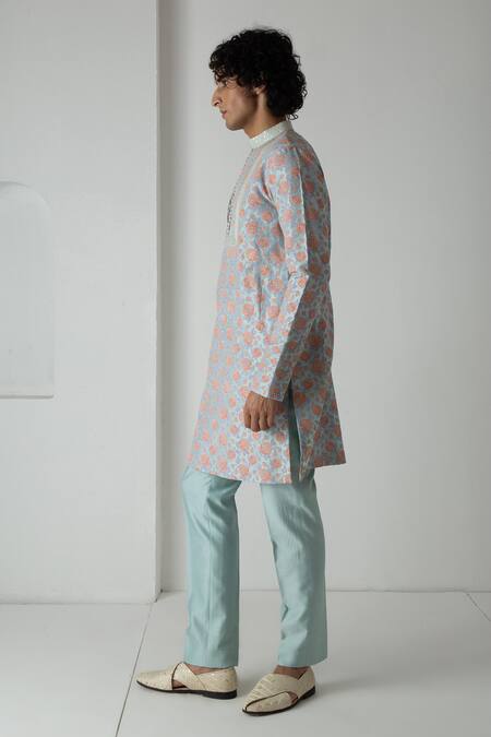 Chhaya Mehrotra_Aqua Chanderi Block Printed Kurta Set _Online_at_Aza_Fashions