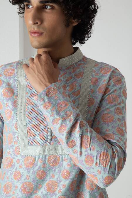 Shop_Chhaya Mehrotra_Aqua Chanderi Block Printed Kurta Set _Online_at_Aza_Fashions