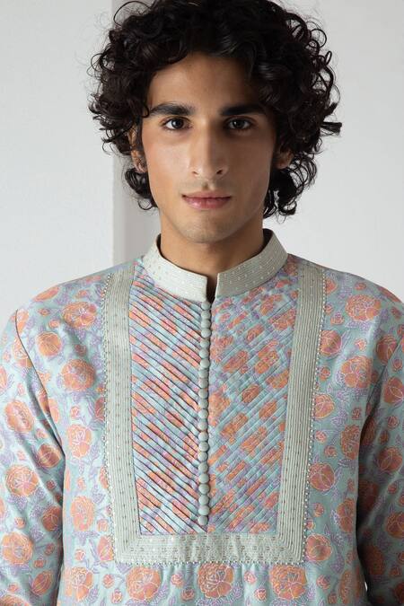 Chhaya Mehrotra_Aqua Chanderi Block Printed Kurta Set _at_Aza_Fashions