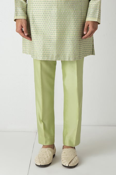 Chhaya Mehrotra_Green Chanderi Embroidery Tea Block Printed Kurta Set _Online_at_Aza_Fashions