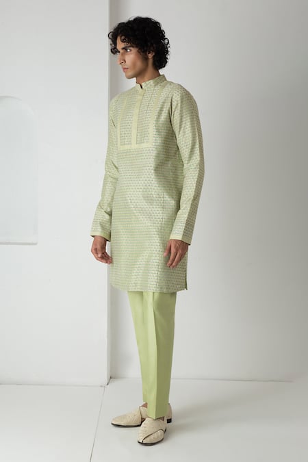 Buy_Chhaya Mehrotra_Green Chanderi Embroidery Tea Block Printed Kurta Set _Online_at_Aza_Fashions