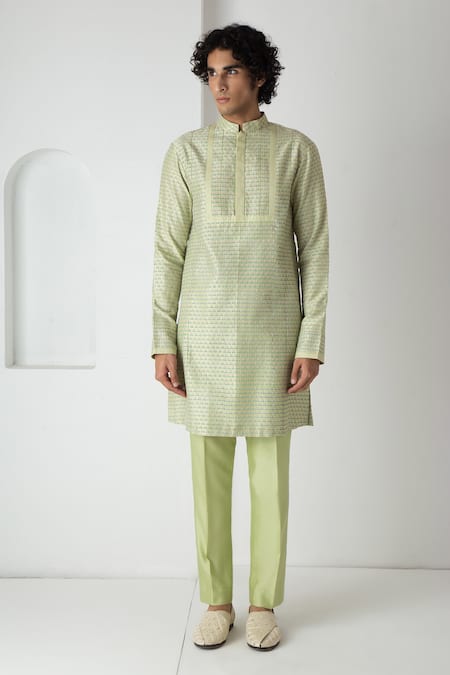Chhaya Mehrotra Green Chanderi Embroidery Tea Block Printed Kurta Set 