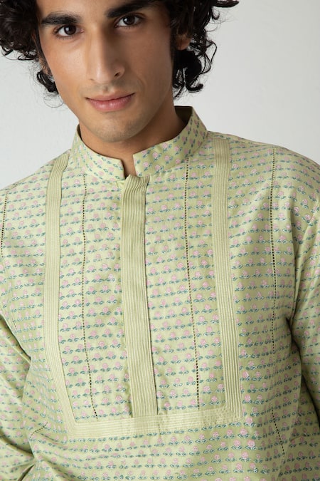 Shop_Chhaya Mehrotra_Green Chanderi Embroidery Tea Block Printed Kurta Set _Online_at_Aza_Fashions