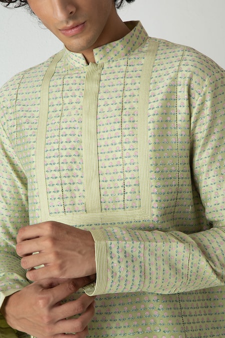 Chhaya Mehrotra_Green Chanderi Embroidery Tea Block Printed Kurta Set _at_Aza_Fashions