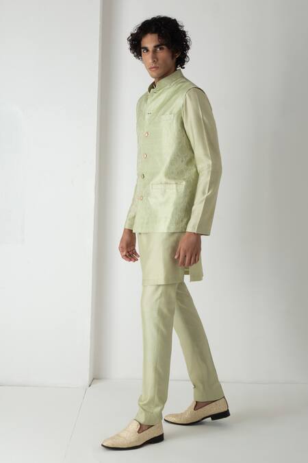 Chhaya Mehrotra Teal Silk, Brocade, Chanderi Embroidery Green Esper Bandi Set Online at Aza Fashions Chhaya Mehrotra_Teal Silk, Brocade, Chanderi Embroidery Green Esper Bandi Set _Online_at_Aza_Fashions