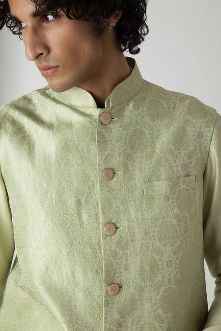 Chhaya Mehrotra Teal Silk, Brocade, Chanderi Embroidery Green Esper Bandi Set at Aza Fashions Chhaya Mehrotra_Teal Silk, Brocade, Chanderi Embroidery Green Esper Bandi Set _at_Aza_Fashions