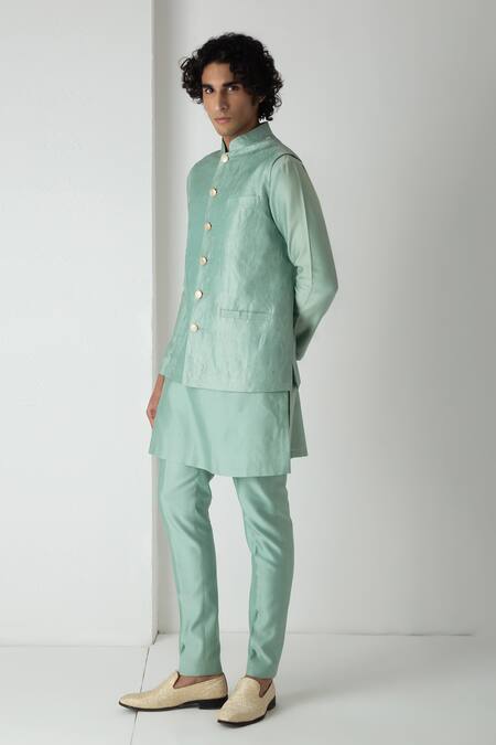 Chhaya Mehrotra_Green Brocade, Chanderi Embroidery Cascade Esper Bundi Set _Online_at_Aza_Fashions