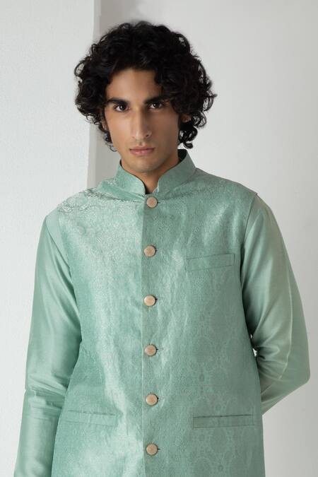 Chhaya Mehrotra_Green Brocade, Chanderi Embroidery Cascade Esper Bundi Set _at_Aza_Fashions