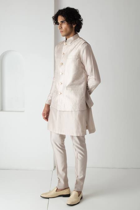 Buy_Chhaya Mehrotra_White Brocade, Silk, Chanderi Embroidery Grey Esper Bundi Set _Online_at_Aza_Fashions