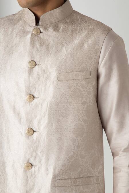 Shop_Chhaya Mehrotra_White Brocade, Silk, Chanderi Embroidery Grey Esper Bundi Set _Online_at_Aza_Fashions