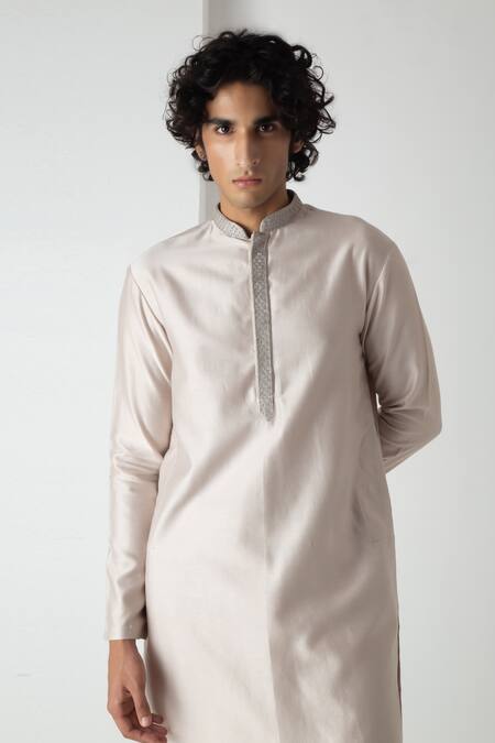 Chhaya Mehrotra_White Brocade, Silk, Chanderi Embroidery Grey Esper Bundi Set _at_Aza_Fashions