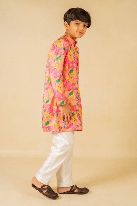 Shop JILMIL DREAMWEAR Pink Satin Floral Digital Printed Kurta Set Online at Aza Fashions Shop_JILMIL DREAMWEAR_Pink Satin Floral Digital Printed Kurta Set _Online_at_Aza_Fashions