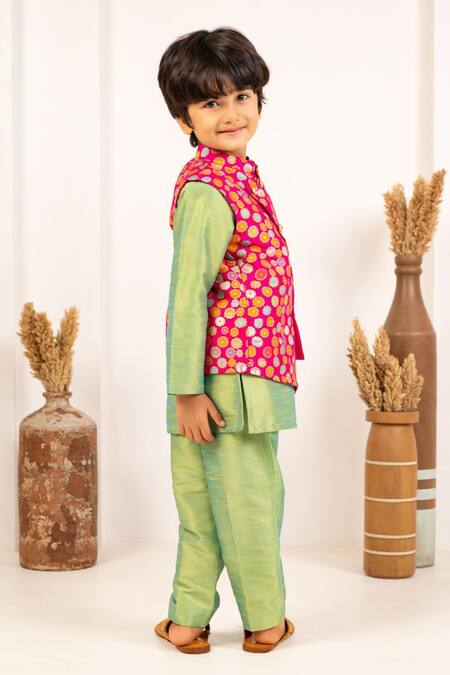 Shop_JILMIL DREAMWEAR_Lime Silk Floral Digital Printed Bundi And Kurta Set_Online_at_Aza_Fashions
