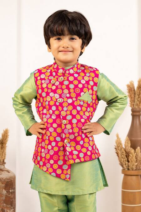 JILMIL DREAMWEAR_Lime Silk Floral Digital Printed Bundi And Kurta Set_at_Aza_Fashions